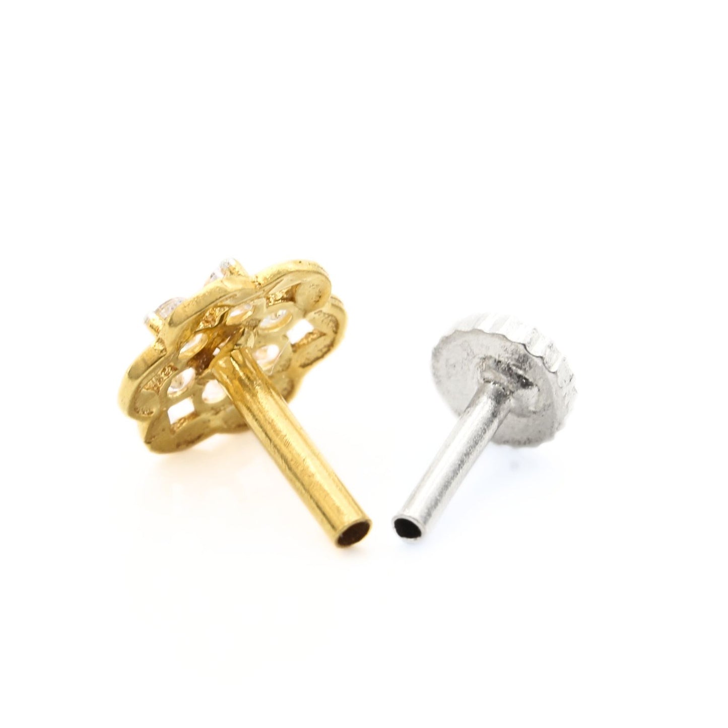 18K Real Gold Women White CZ Flower style gifting Nose Pin nose ring Push Pin