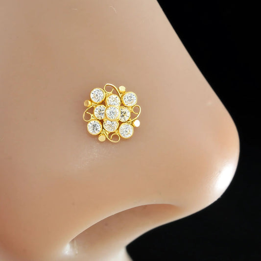18K Real Gold Women White CZ Square daily use Nose pin nose ring Push Pin