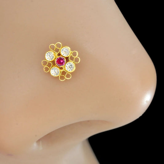 18K Real Gold Women Pink White CZ Square Daily wear Nose pin nose ring Push Pin