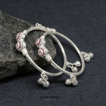 Real Sterling Silver Pink White CZ kids Bangles Bracelet With Jingle Bells - Pair