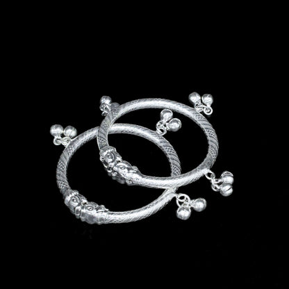 Real Silver Kids Hollow Bangles Bracelet With Jingle Bells