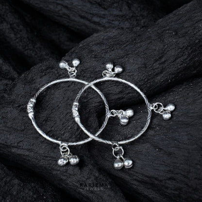 Real Silver handmade kids Bangles Bracelet With Jingle Bells - Pair