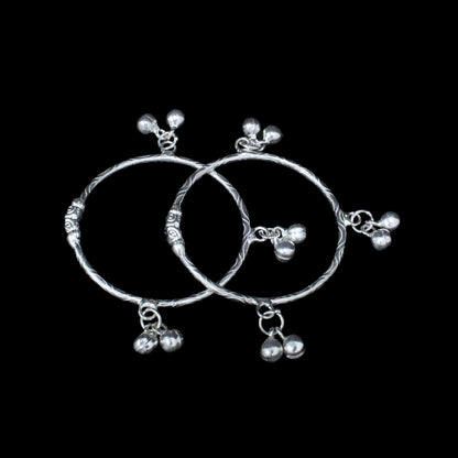 Real Silver handmade kids Bangles Bracelet With Jingle Bells - Pair