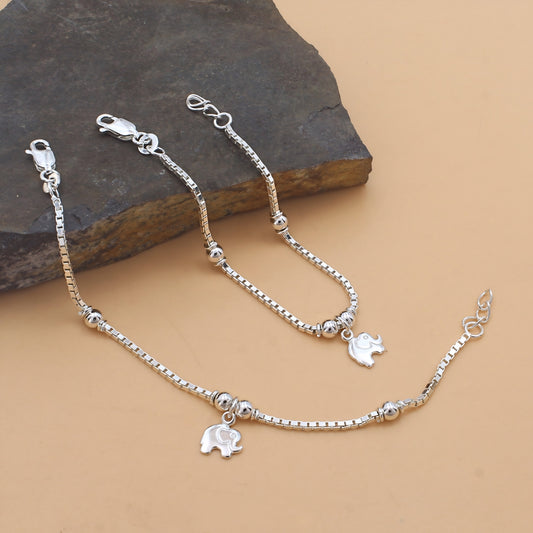 925 Sterling  Silver Elephant Charm Kids Payal Anklet Ankle  6"