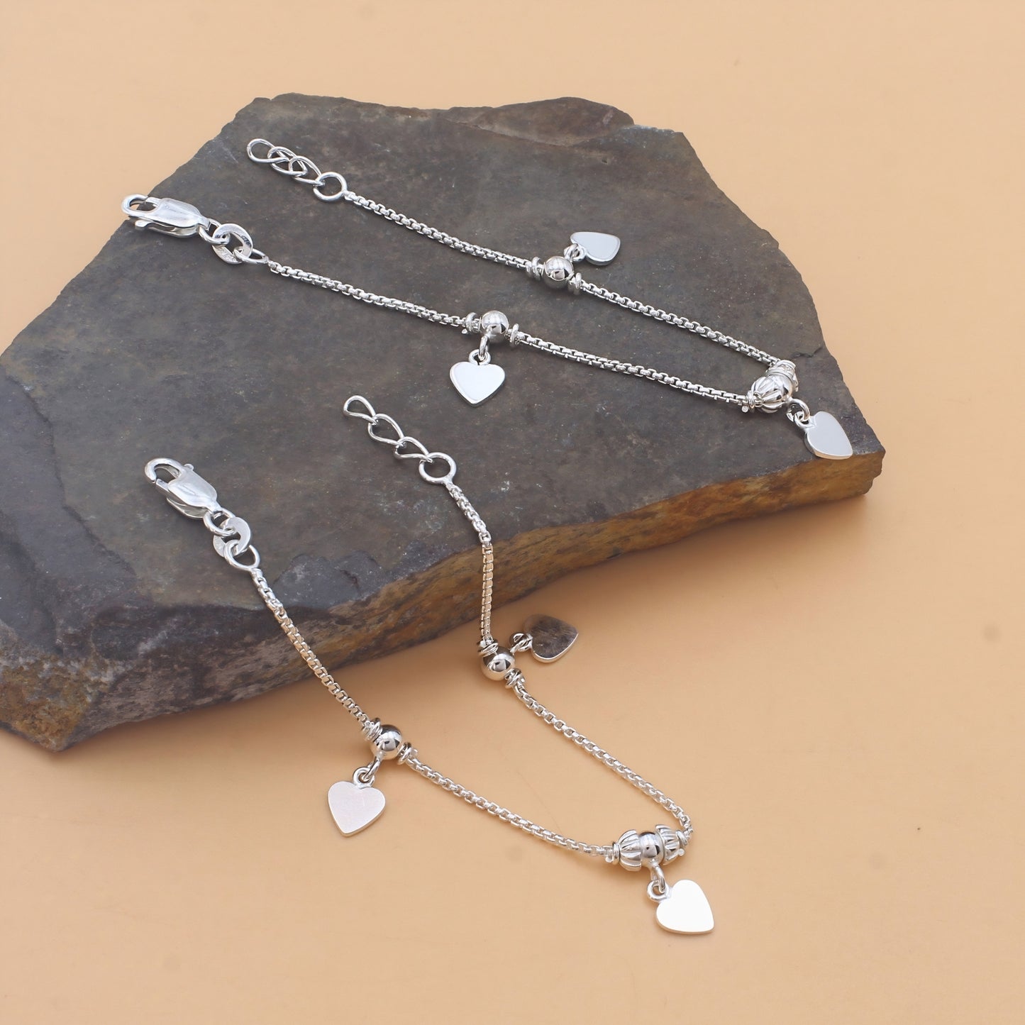 925 Sterling Silver Heart Charm Kids Anklet Foot Bracelet Pair - 6"