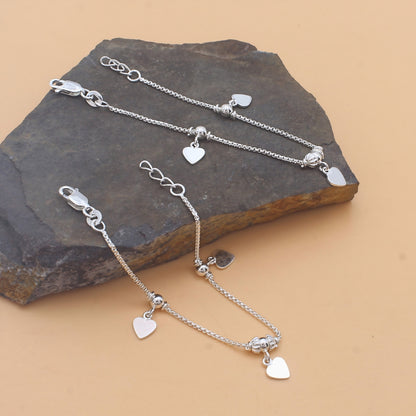 925 Sterling Silver Heart Charm Kids Anklet Foot Bracelet Pair - 6"