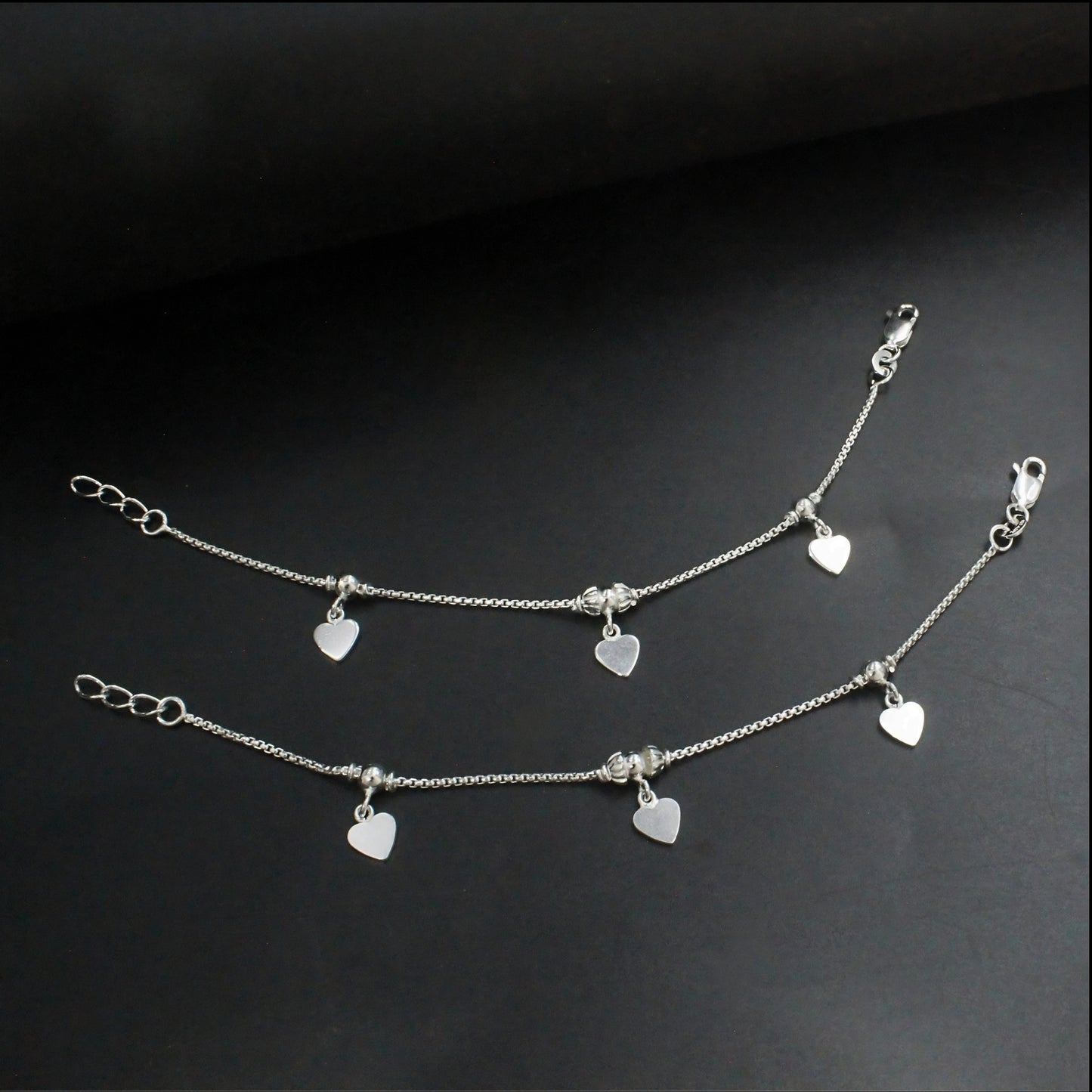 925 Sterling Silver Heart Charm Kids Anklet Foot Bracelet Pair - 6"