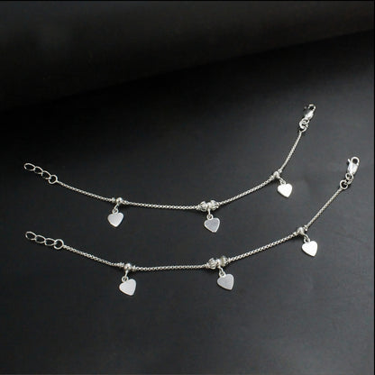 925 Sterling Silver Heart Charm Kids Anklet Foot Bracelet Pair - 6"