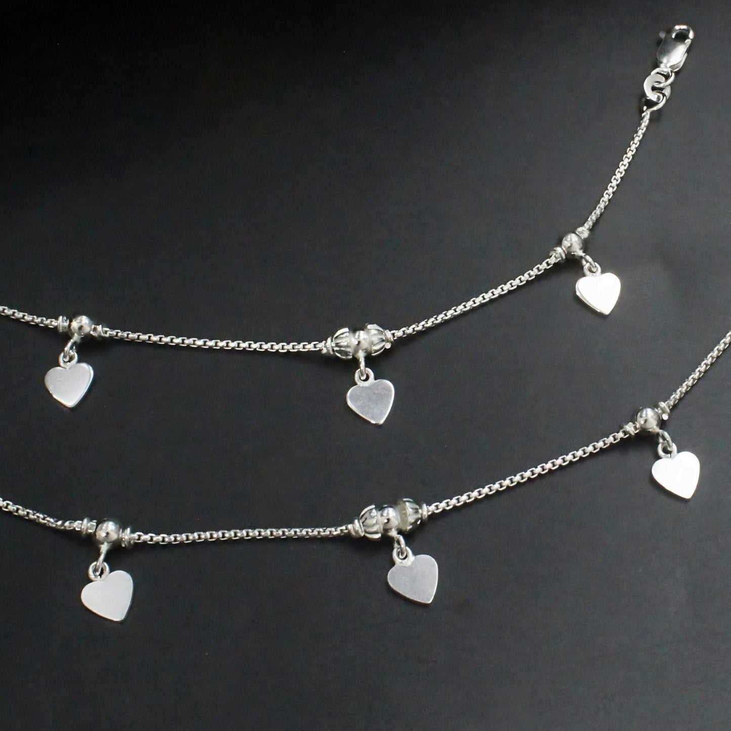 925 Sterling Silver Heart Charm Kids Anklet Foot Bracelet Pair - 6"