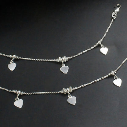 925 Sterling Silver Heart Charm Kids Anklet Foot Bracelet Pair - 6"