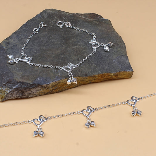 925 Sterling Silver Double Heart design Kids Anklet Foot Bracelet Pair - 6"
