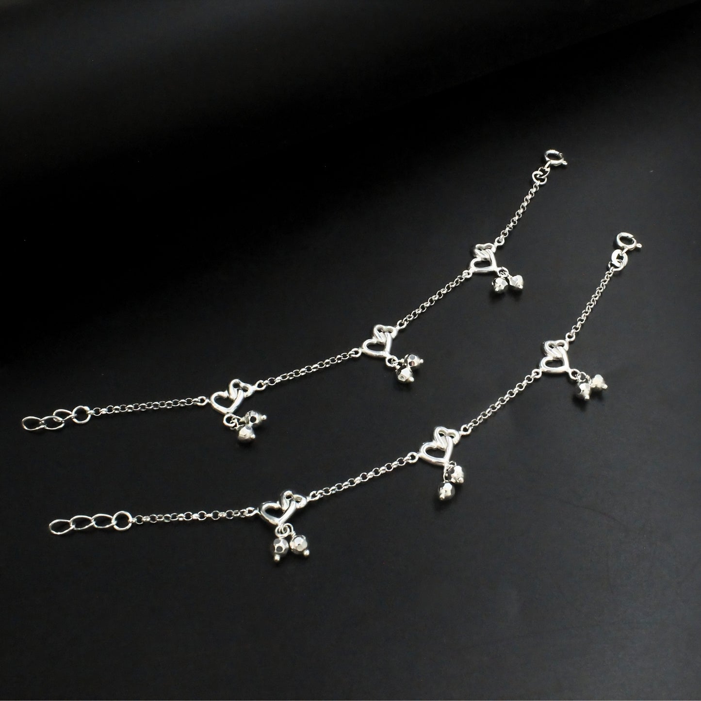 925 Sterling Silver Double Heart design Kids Anklet Foot Bracelet Pair - 6"