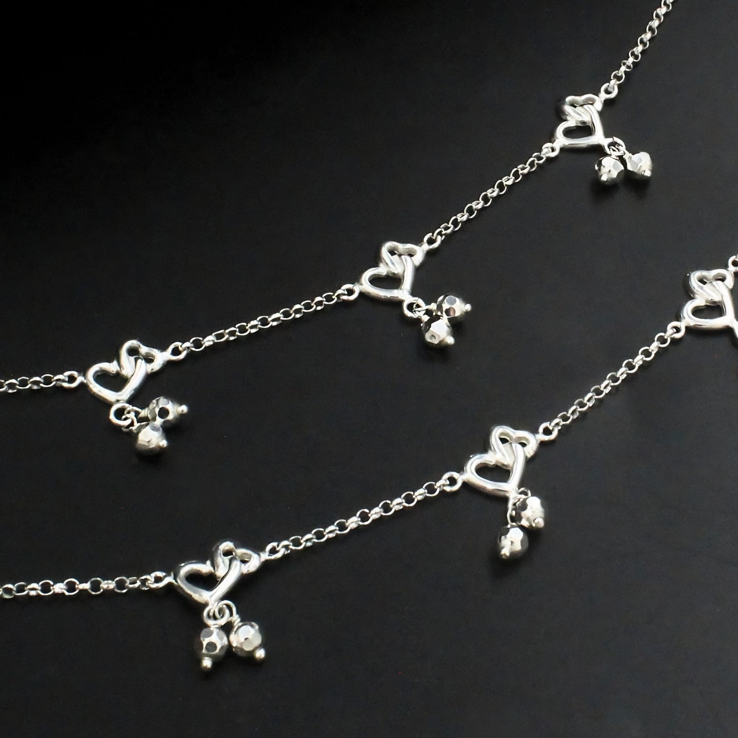 925 Sterling Silver Double Heart design Kids Anklet Foot Bracelet Pair - 6"