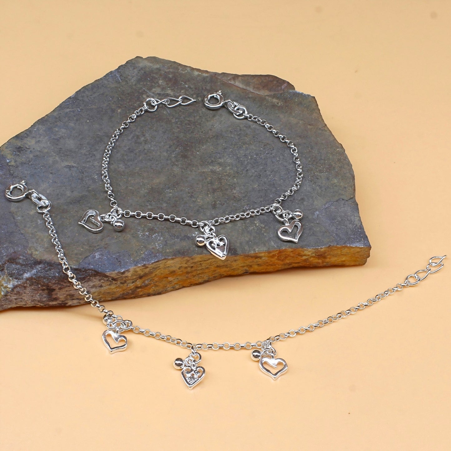 925 Sterling Silver Hanging Heart Kids Anklet Payal Baby Foot bracelet Pair- 6"