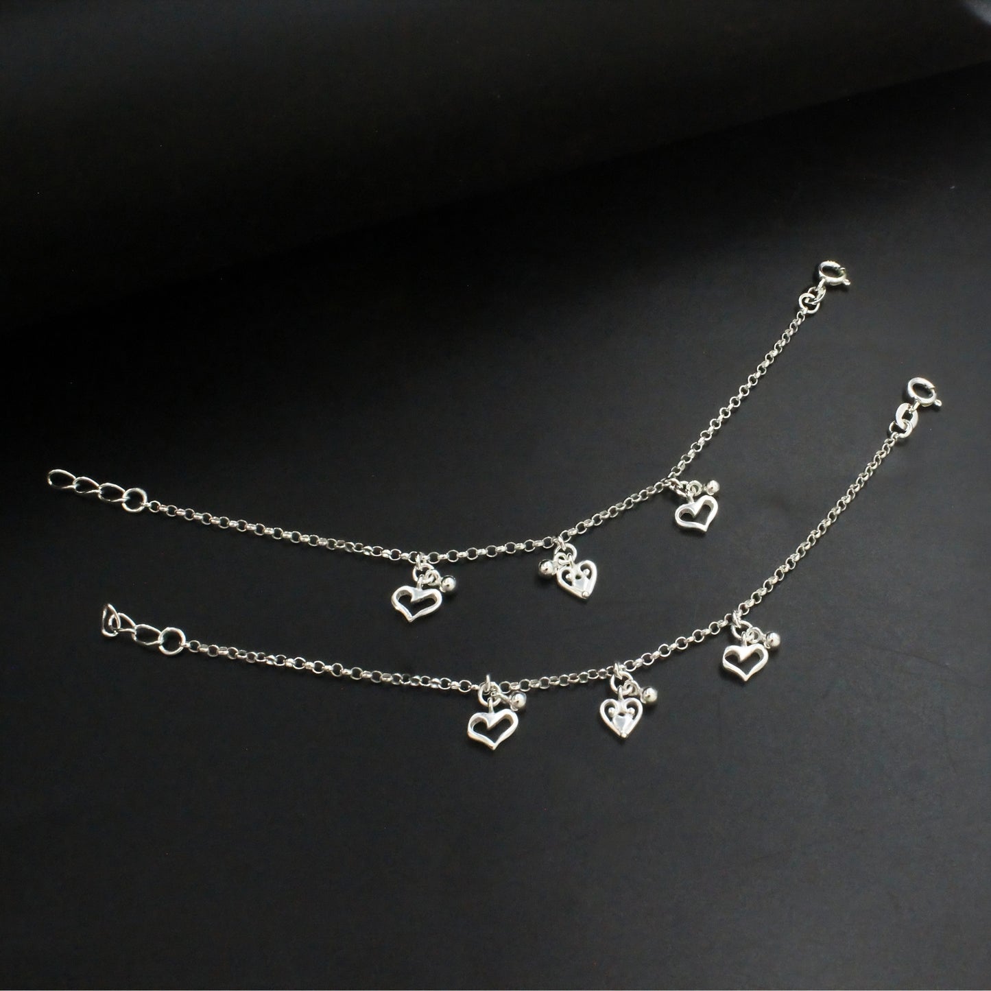 925 Sterling Silver Hanging Heart Kids Anklet Payal Baby Foot bracelet Pair- 6"