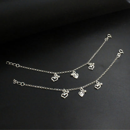 925 Sterling Silver Hanging Heart Kids Anklet Payal Baby Foot bracelet Pair- 6"
