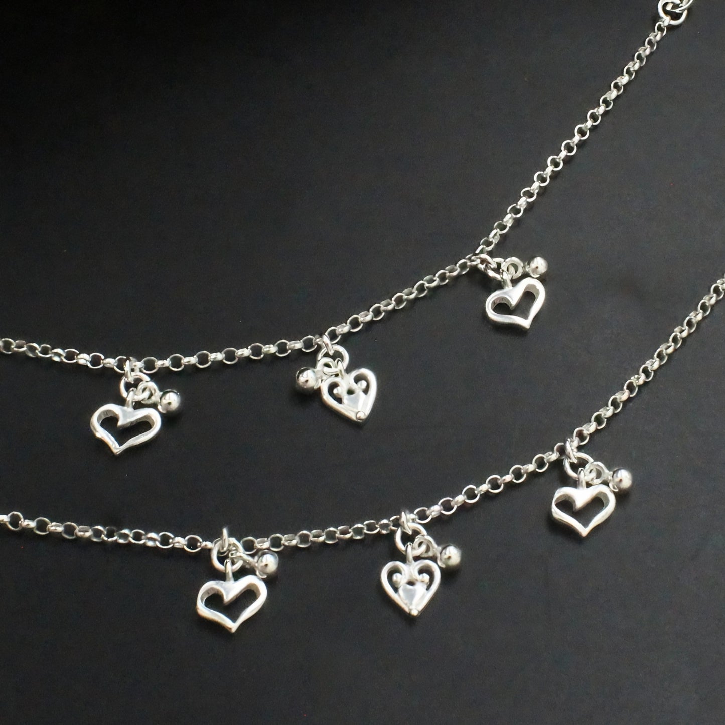 925 Sterling Silver Hanging Heart Kids Anklet Payal Baby Foot bracelet Pair- 6"