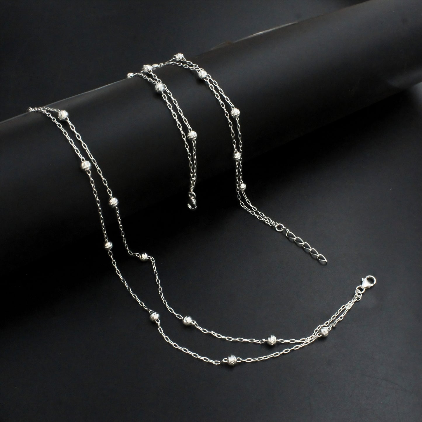 Trendy 925 Sterling Silver Double Chain Bead Silver Anklet Payal Pair 10.5"