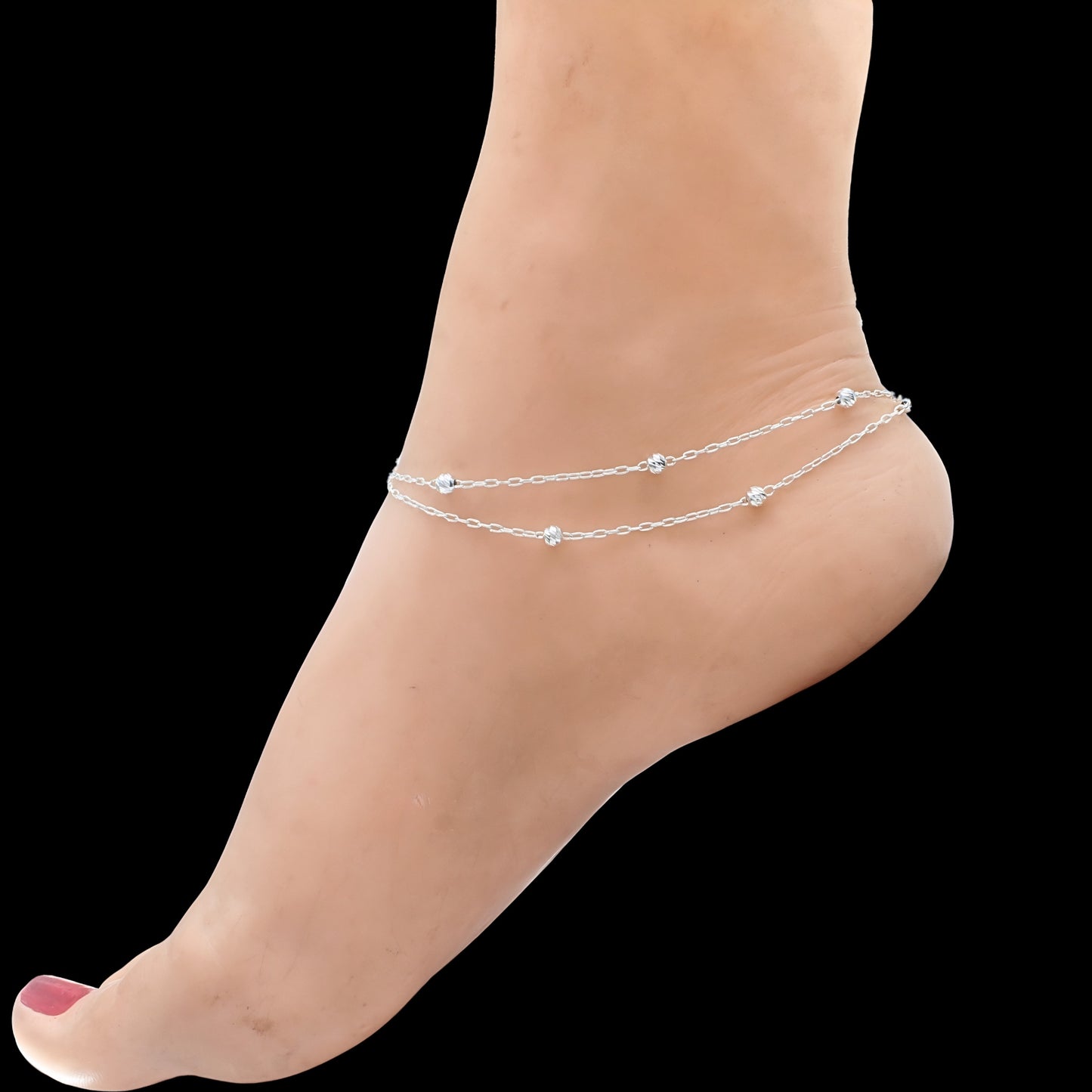 Trendy 925 Sterling Silver Double Chain Bead Silver Anklet Payal Pair 10.5"