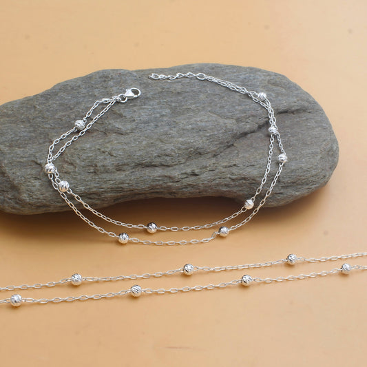 Trendy 925 Sterling Silver Double Chain Bead Silver Anklet Payal Pair 10.5"