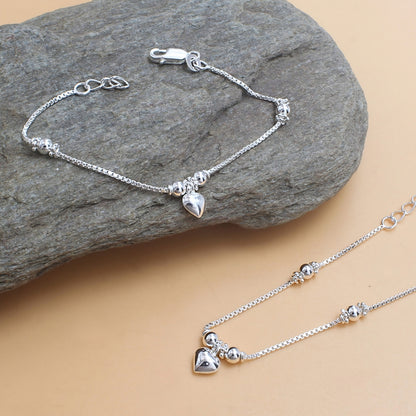 925 Sterling Silver New Born Baby Heart Charm Anklet Payal - 6 inch