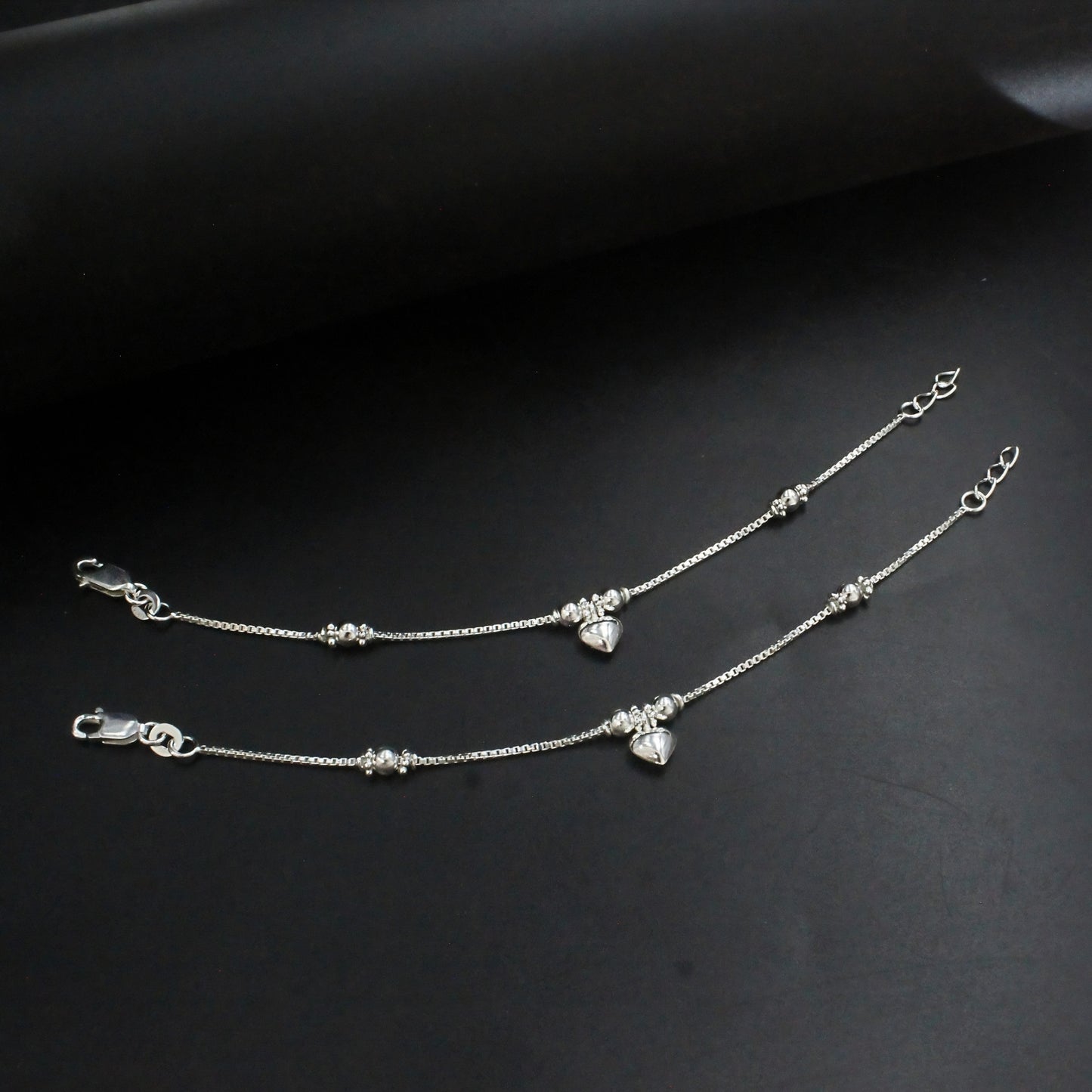 925 Sterling Silver New Born Baby Heart Charm Anklet Payal - 6 inch