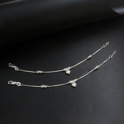 925 Sterling Silver New Born Baby Heart Charm Anklet Payal - 6 inch