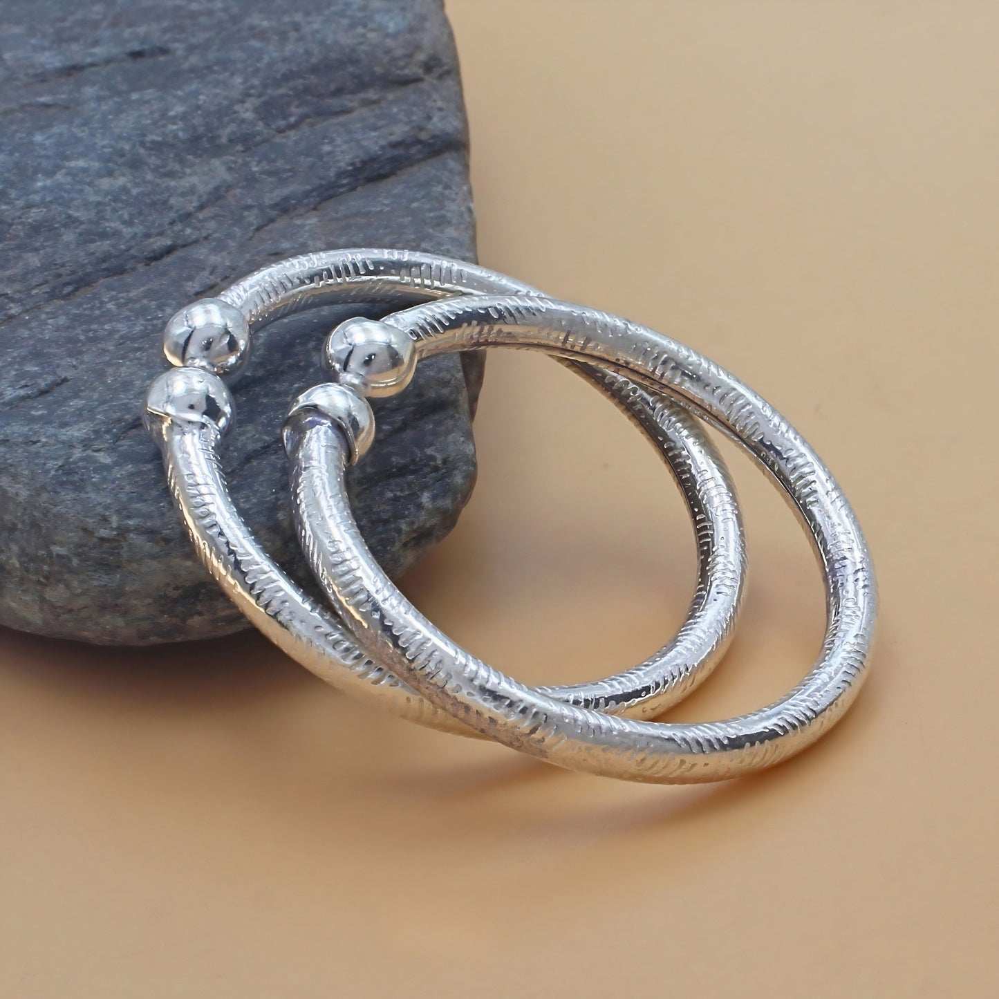 Handmade Open-cuff Real Silver Bangles for Kids Pair