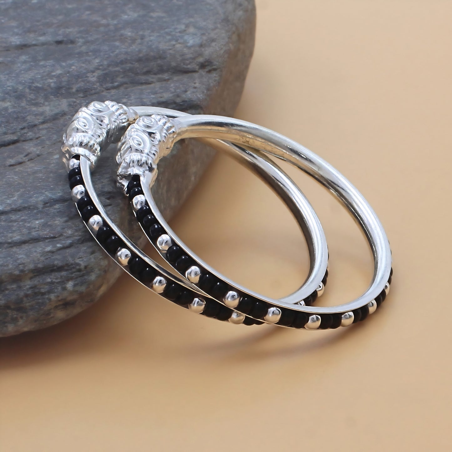 Daily Wear Real Silver Black Beads Nazariya Kids Bangles - Pair