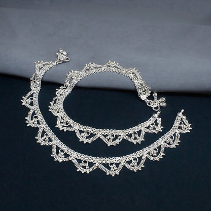 Real Silver Women Bridal Traditional Jhalar Anklet - 10.3 inch
