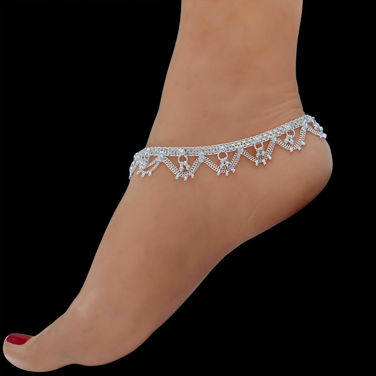 Real Silver Women Bridal Traditional Jhalar Anklet - 10.3 inch
