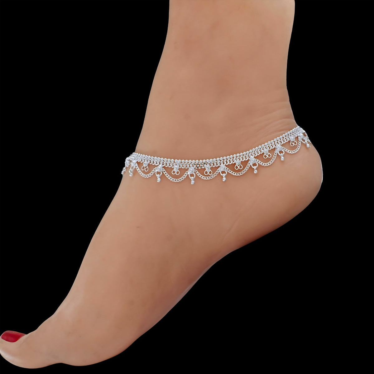 Real Silver Women’s Jhallar Payal Anklet Pair - 10.3 in