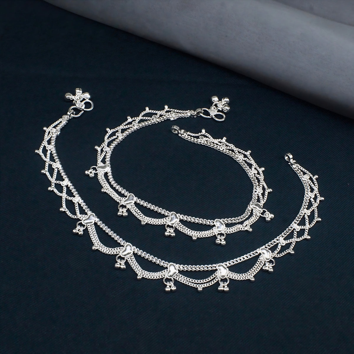 Real Silver Women Jhalar Anklet (Payal) with Ghungroos - 10.3 inch