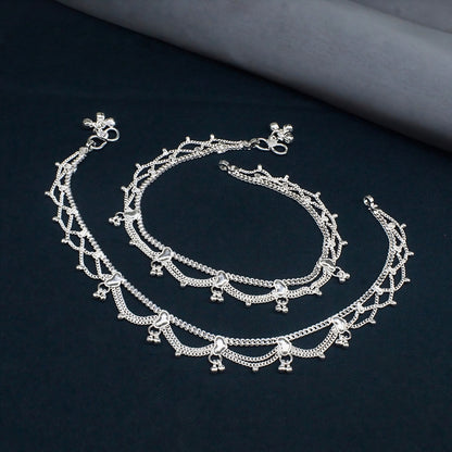 Real Silver Women Jhalar Anklet (Payal) with Ghungroos - 10.3 inch