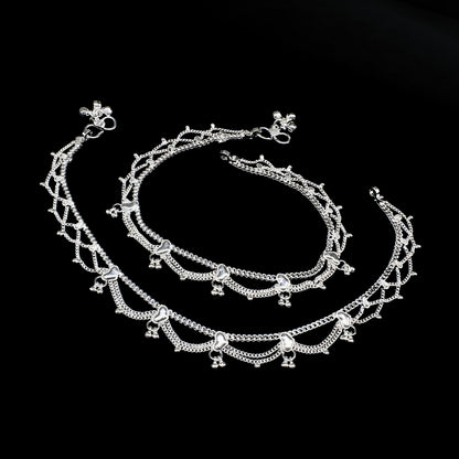 Real Silver Women Jhalar Anklet (Payal) with Ghungroos - 10.3 inch
