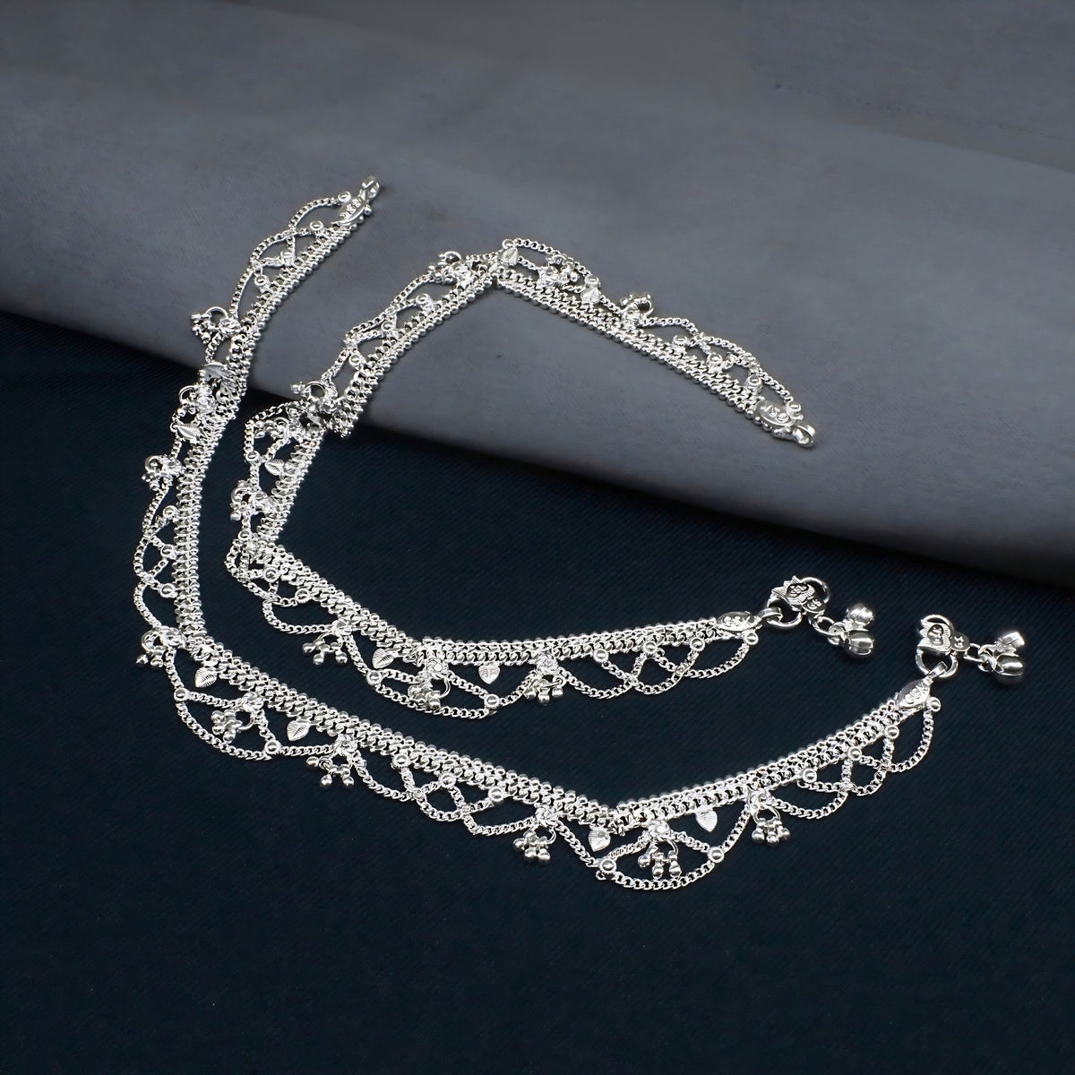 Real Silver Women Designer Jhallar Pajeb Anklet Pair - 10.3 inch
