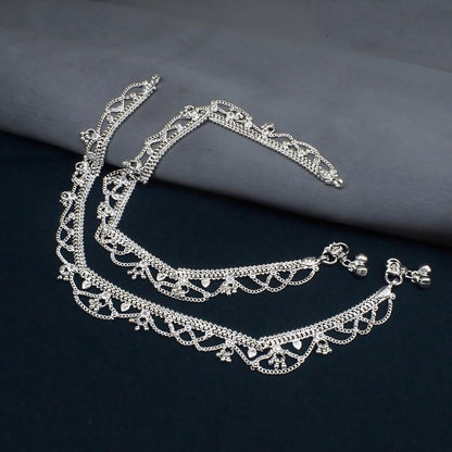 Real Silver Women Designer Jhallar Pajeb Anklet Pair - 10.3 inch