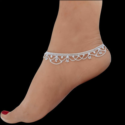 Real Silver Women Designer Jhallar Pajeb Anklet Pair - 10.3 inch