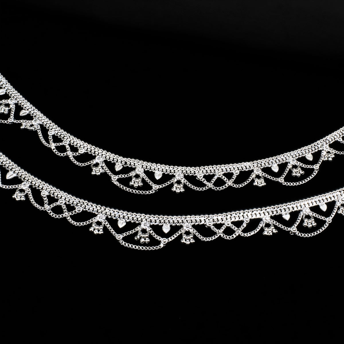 Real Silver Women Designer Jhallar Pajeb Anklet Pair - 10.3 inch