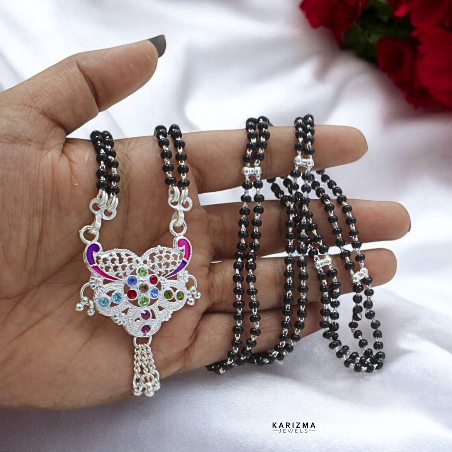 Real Sterling Silver Black Beads wedding Mangalsutra women chain gift for wife