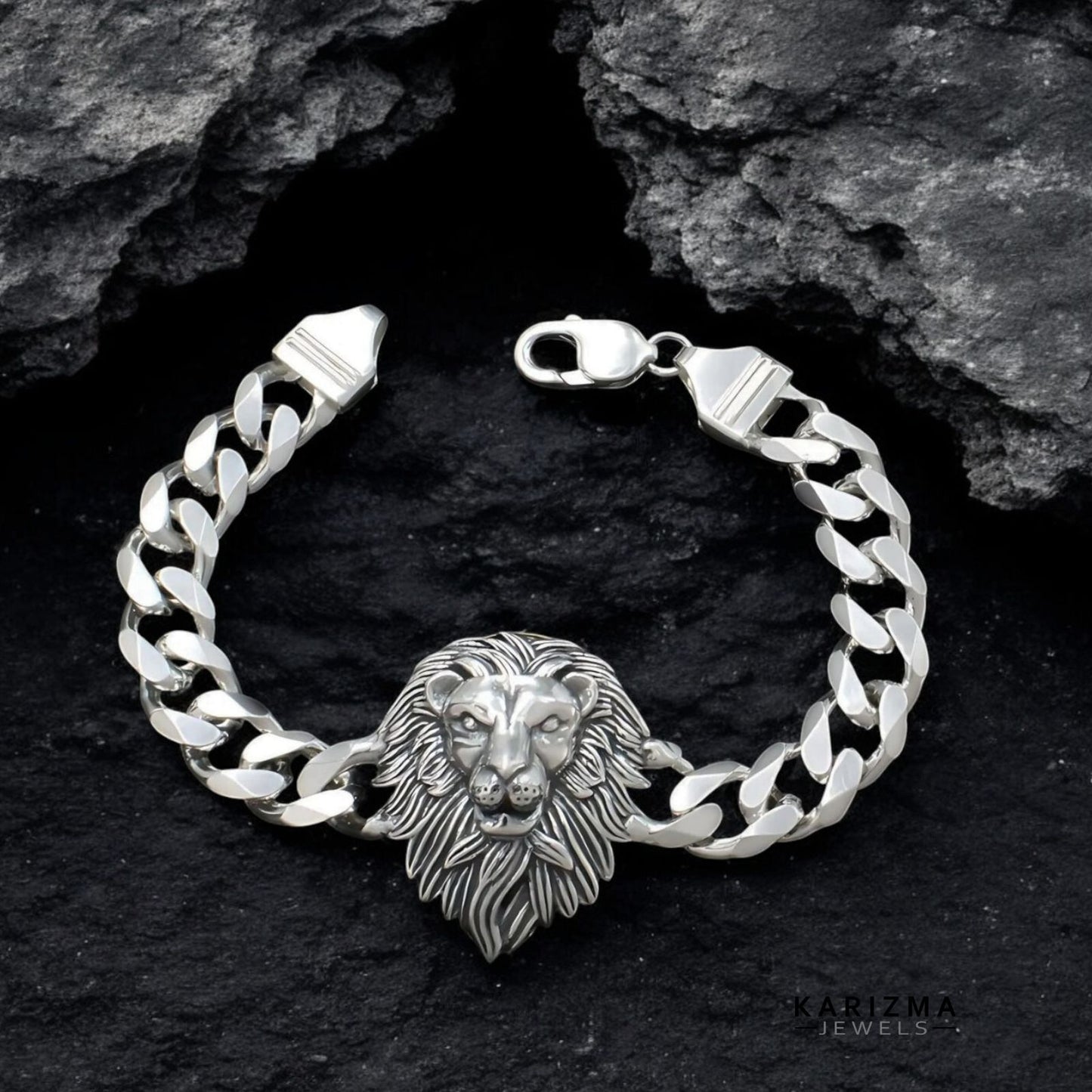 Real 925 Sterling Silver Men's Lion Head Curb Chain Oxidized Bracelet 8"