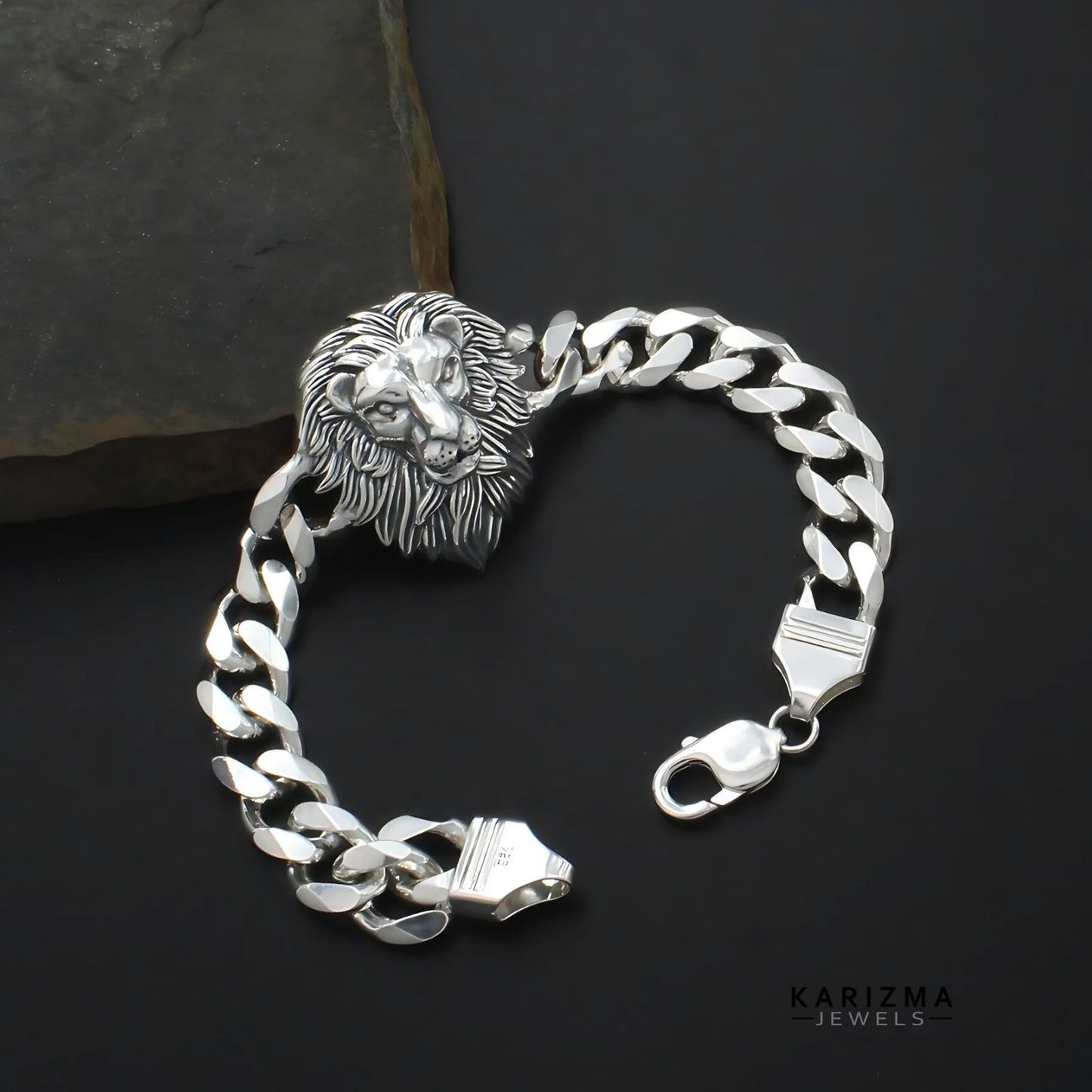 Real 925 Sterling Silver Men's Lion Head Curb Chain Oxidized Bracelet 8"