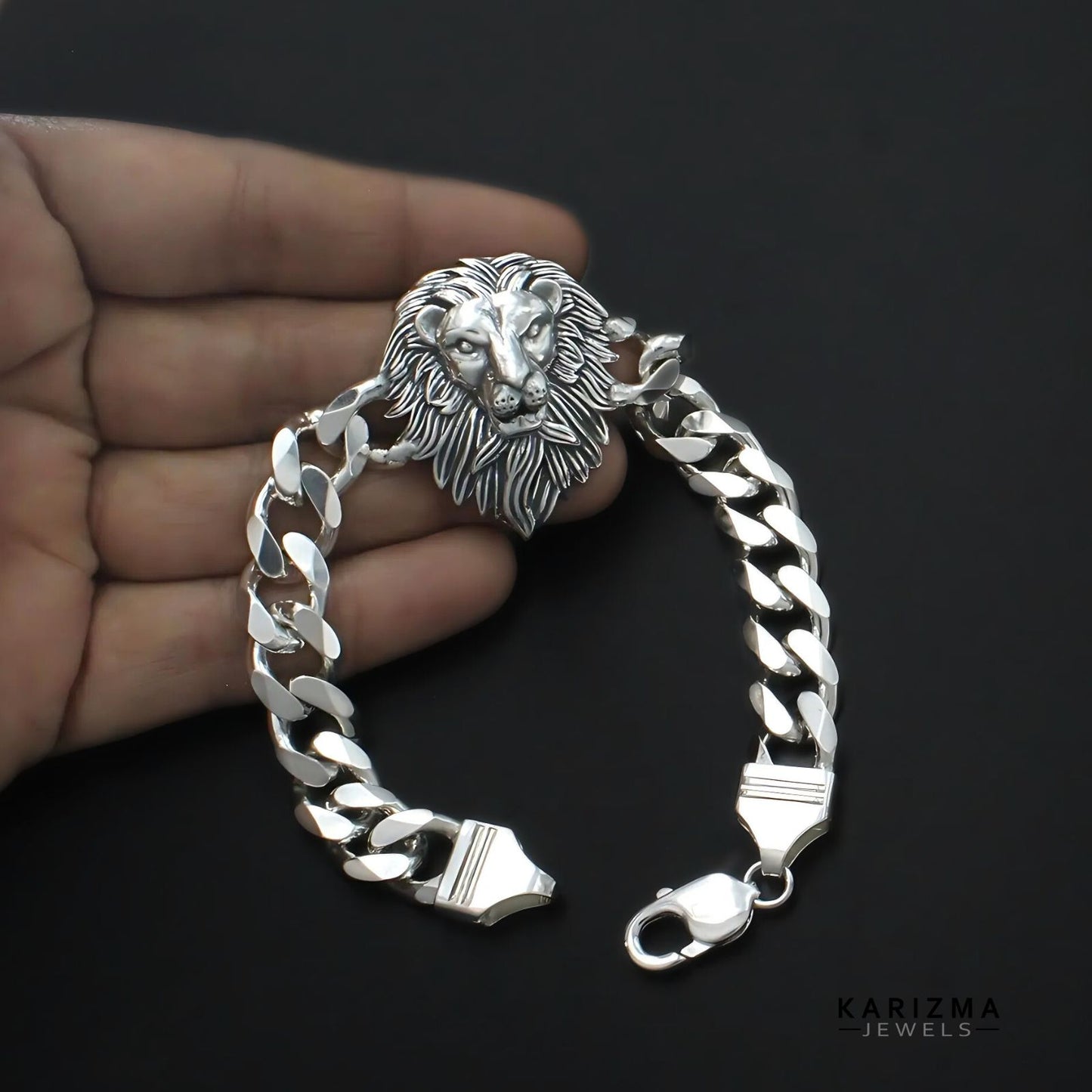 Real 925 Sterling Silver Men's Lion Head Curb Chain Oxidized Bracelet 8"