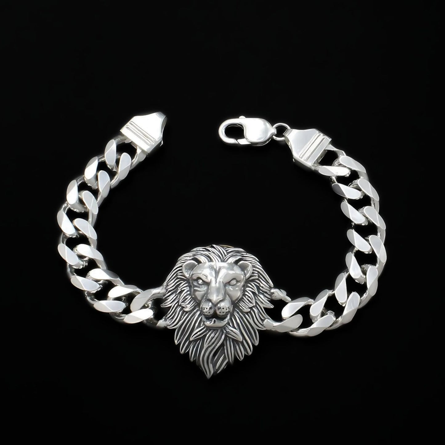 Real 925 Sterling Silver Men's Lion Head Curb Chain Oxidized Bracelet 8"