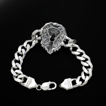 Real 925 Sterling Silver Men's Lion Head Curb Chain Oxidized Bracelet 8"