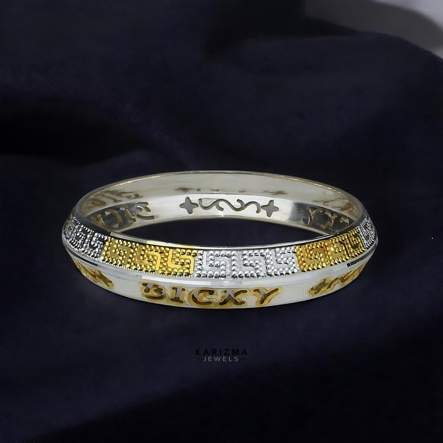 Two tone Indian Designer Customized Name Silver Kada for Men