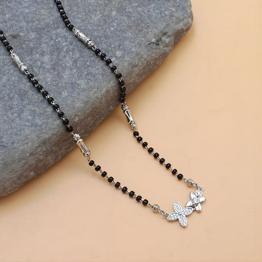Trendy 925 Real Sterling Silver Black Beads Flower CZ Mangalsutra women chain for wife