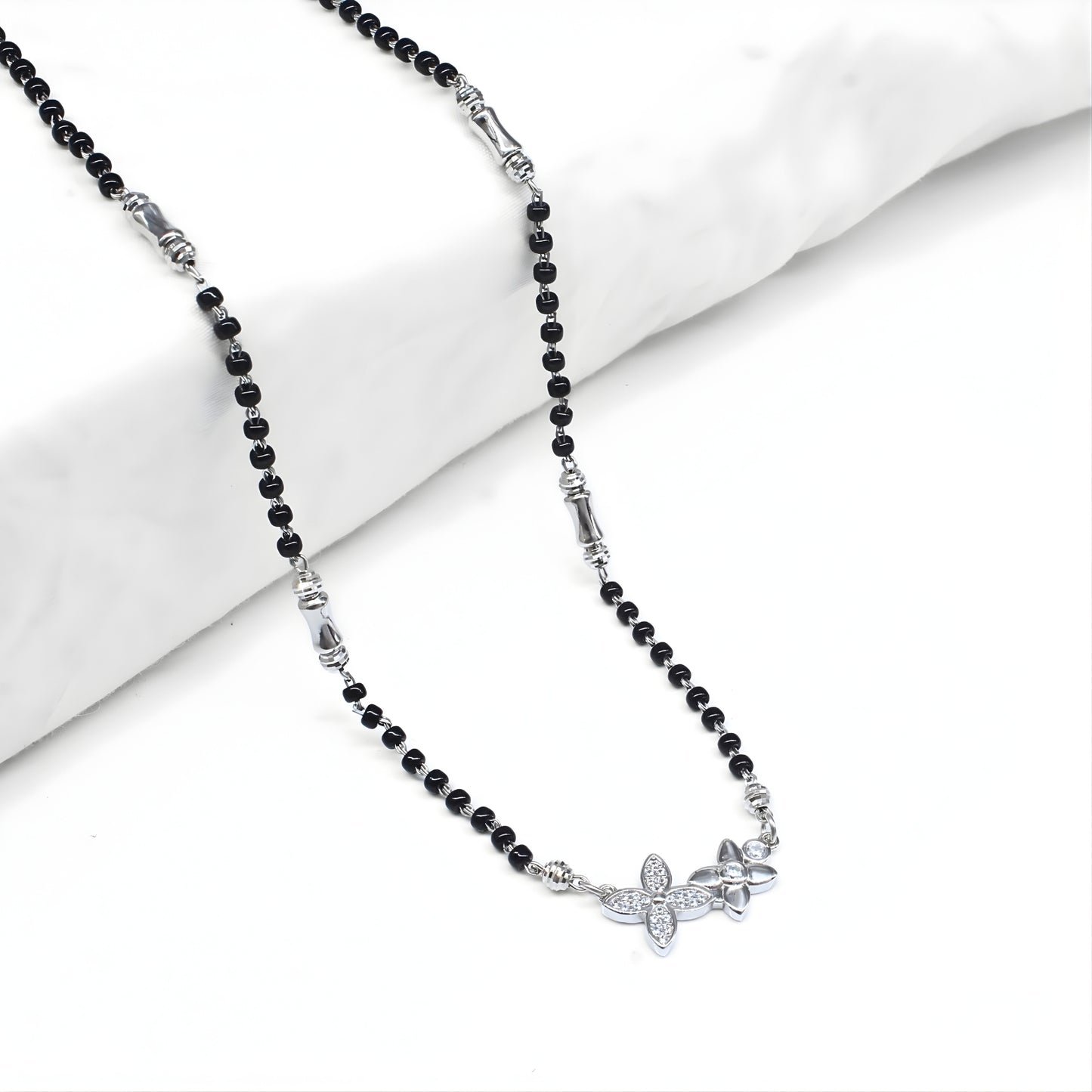 Trendy 925 Real Sterling Silver Black Beads Flower CZ Mangalsutra women chain for wife