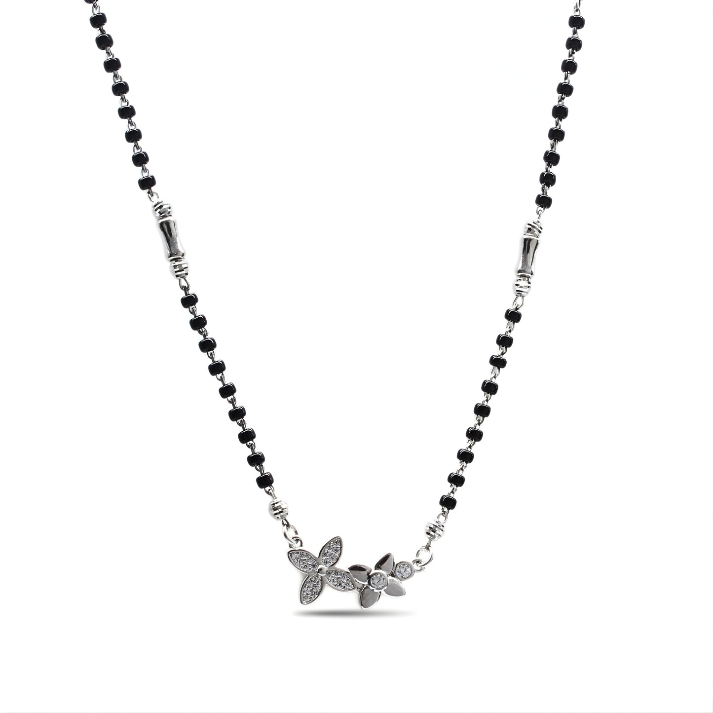 Trendy 925 Real Sterling Silver Black Beads Flower CZ Mangalsutra women chain for wife