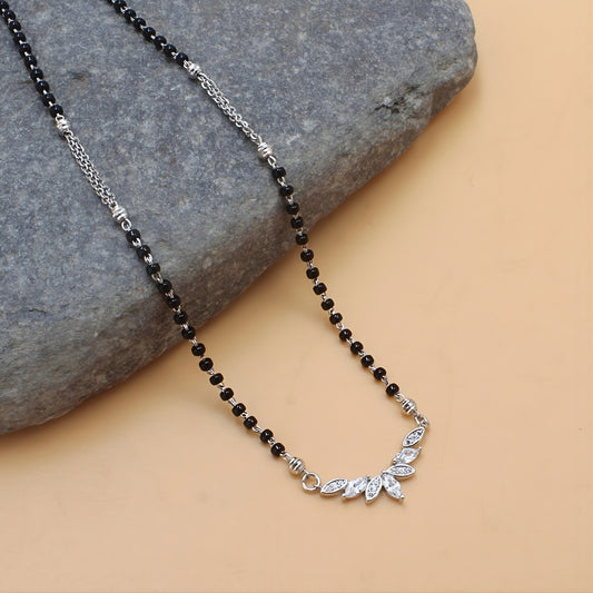 Stylish 925 Real Sterling Silver Black Beads Floral Leaf CZ women Mangalsutra